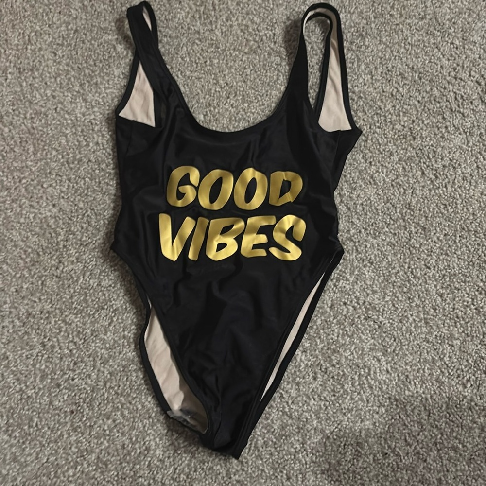 Private party good vibes black with gold writing high cut one piece